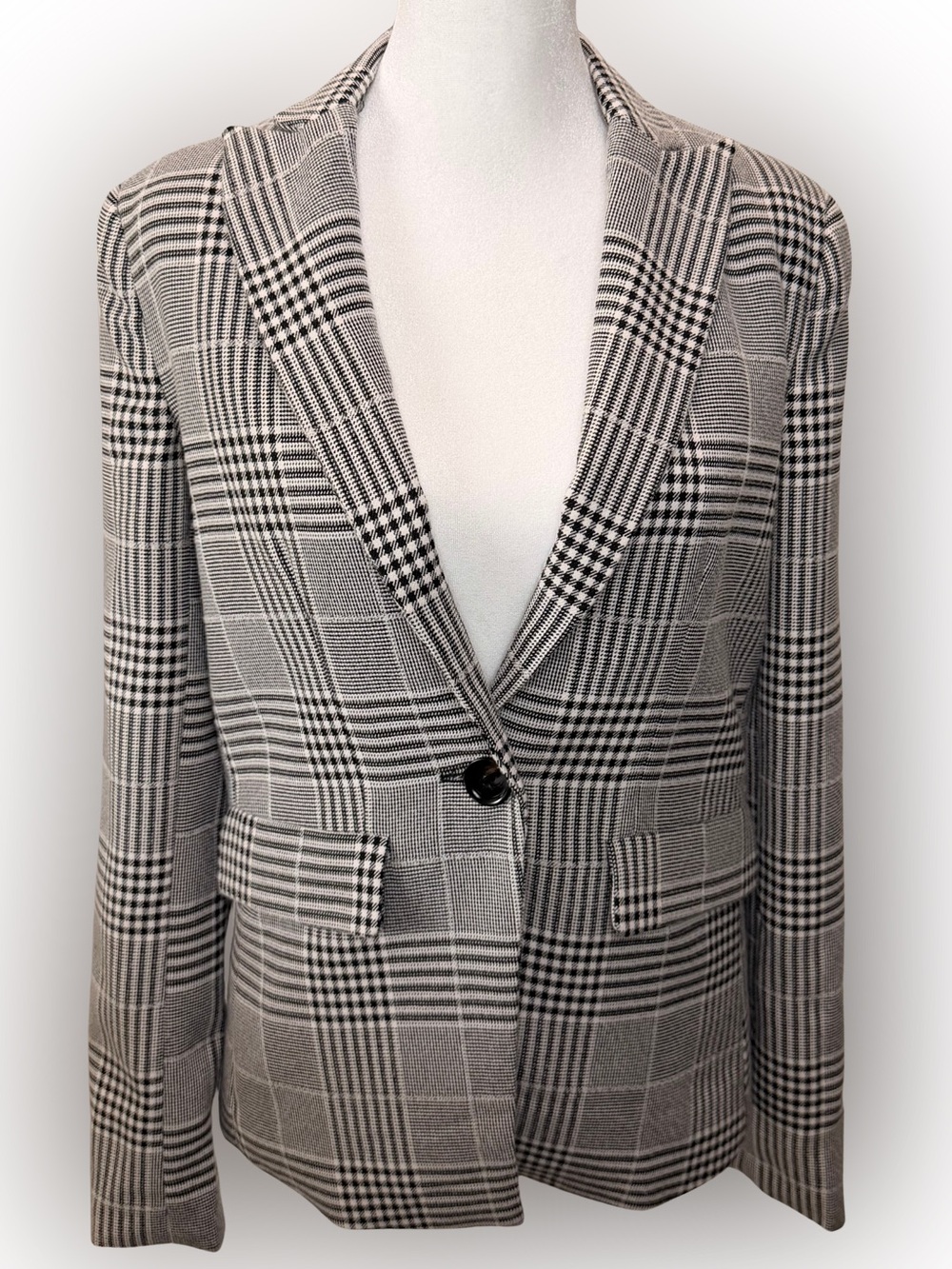 Evereve XS Plaid Blazer Jacket Black White Glen Check Career Preppy Office-core